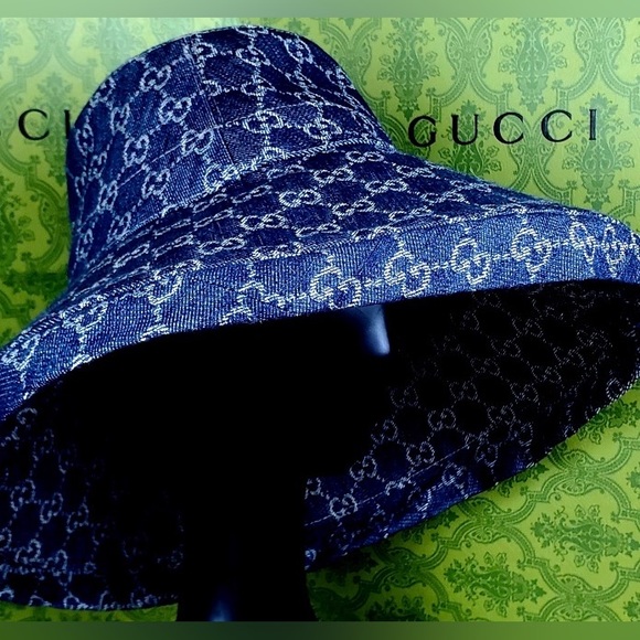 Gucci GG Monogram Bucket Hat Wide Large Brim Thick Denim Navy Allover Jacquard - Picture 4 of 15